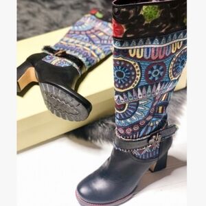 L’ARTISTE Floral Black Heeled Leather Riding Boots